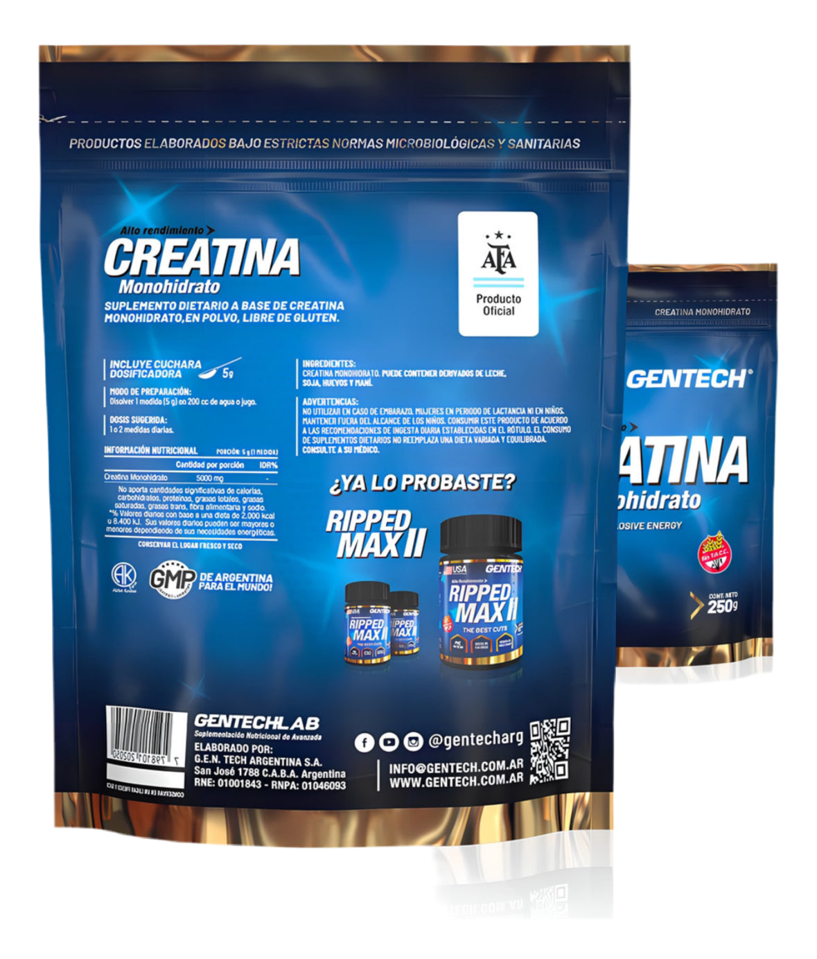 Creatina Monohidrato - 250 Gr - Gentech - Sin sabor - Movediza Fitness