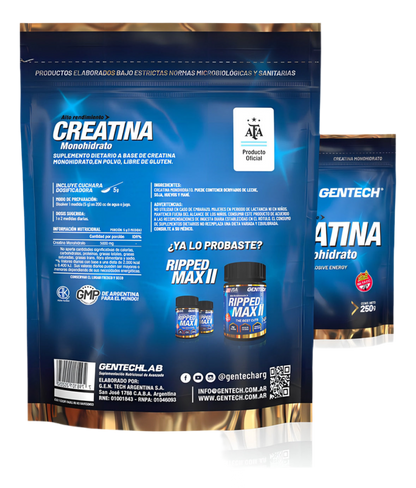 Creatina Monohidrato - 250 Gr - Gentech - Sin sabor - Movediza Fitness